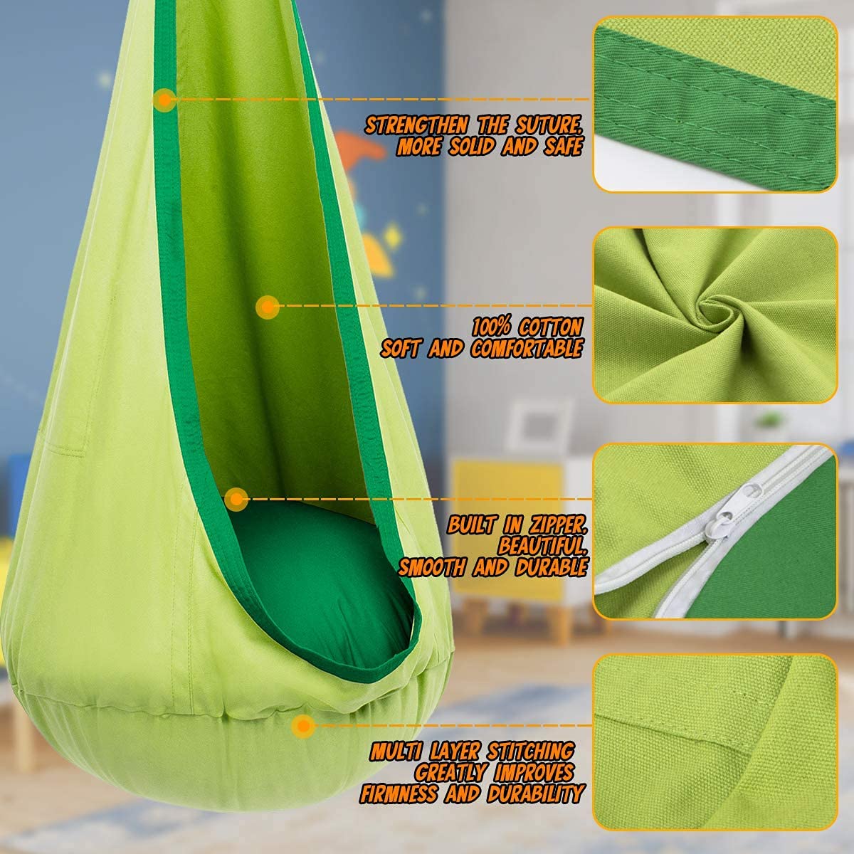 1Pc Kids Pod Swing Seat Cotton - Kids Yellow Outdoor Chair ulasan dan harga
